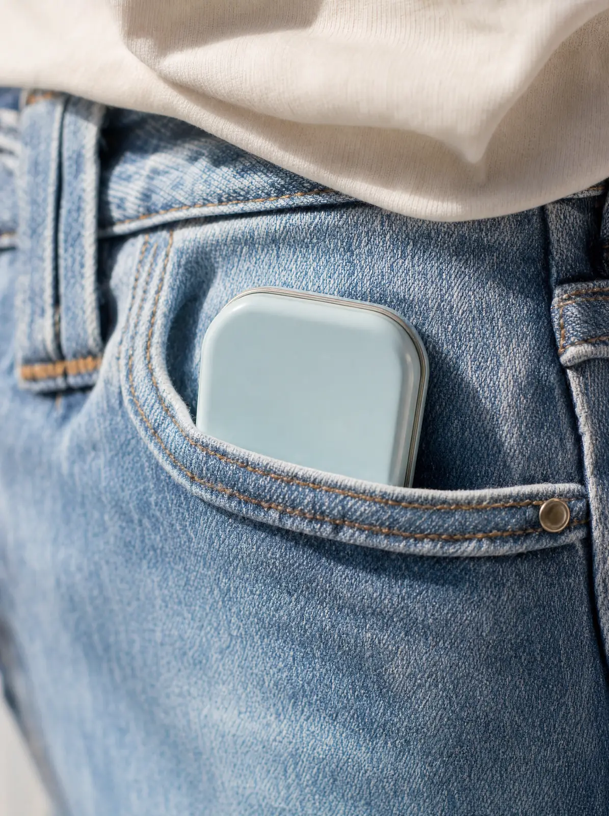 A Floe tin tucked into a denim pocket